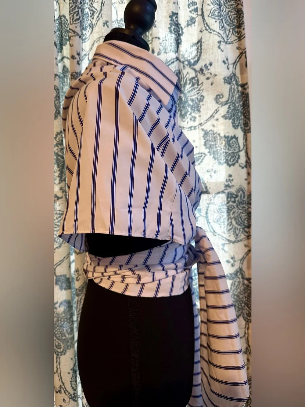 Tea n Cup White and Navy Striped Wrap Button-Down Blouse - Picture 2 of 8